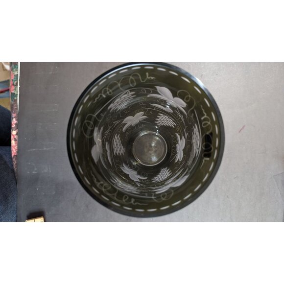 Egermann Bohemian Czech Olive Green Floral Etched Glass Vase Cut To Clear 9 Inch - Picture 7 of 10